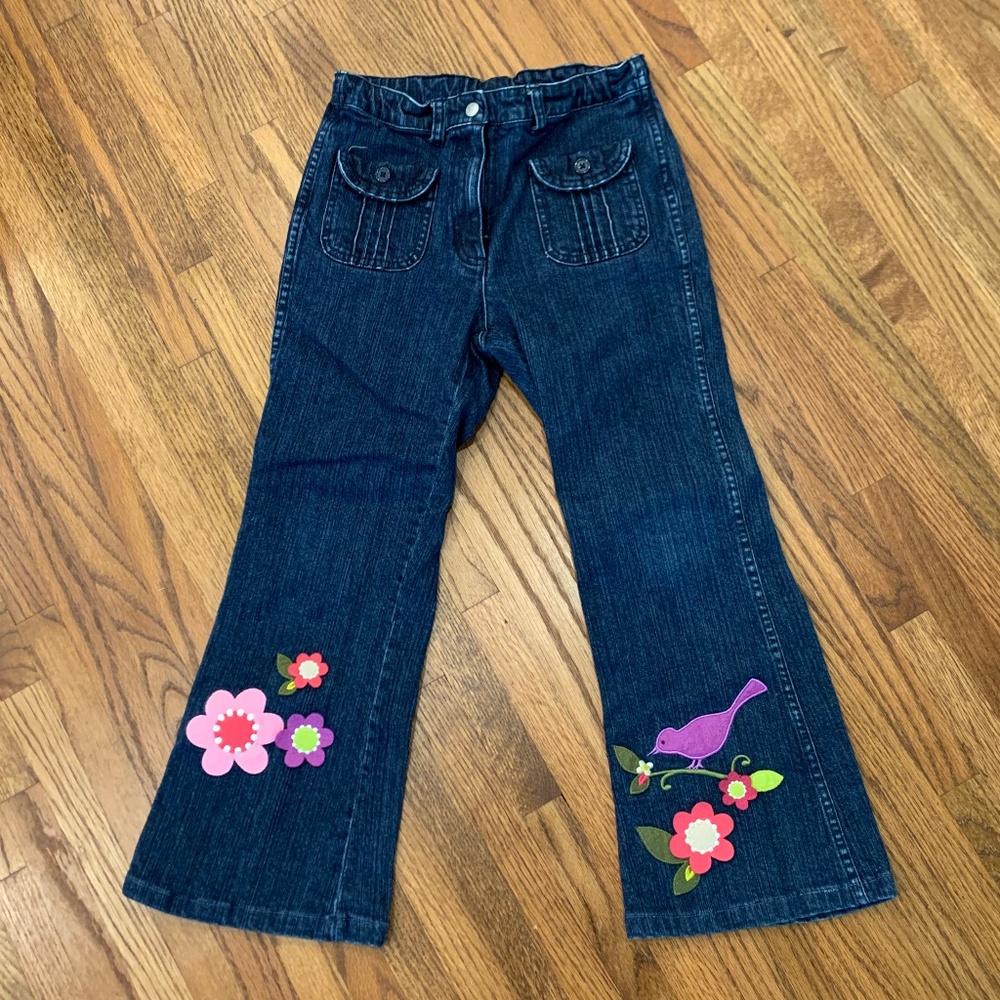Hanna Andersson flare jeans with flower and bird appliqués
